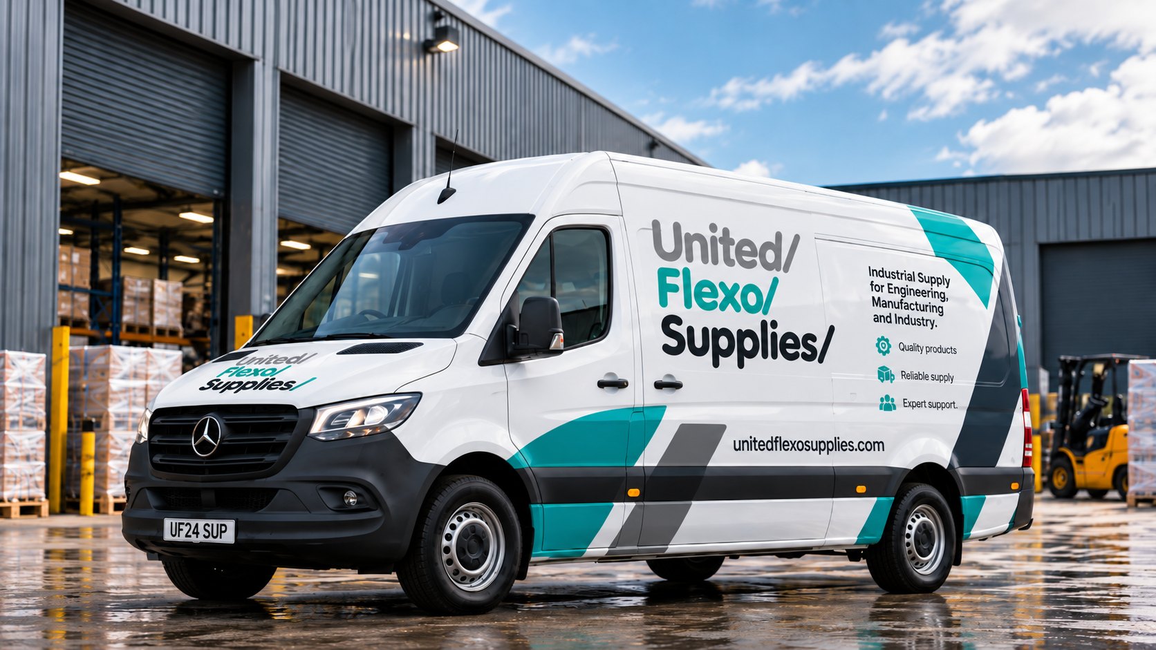 United Flexo Supplies branded delivery van parked outside a warehouse
