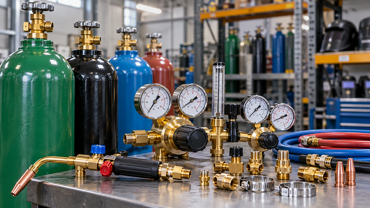 Gas cylinders, pressure regulators, torch, brass fittings and hoses on a workbench